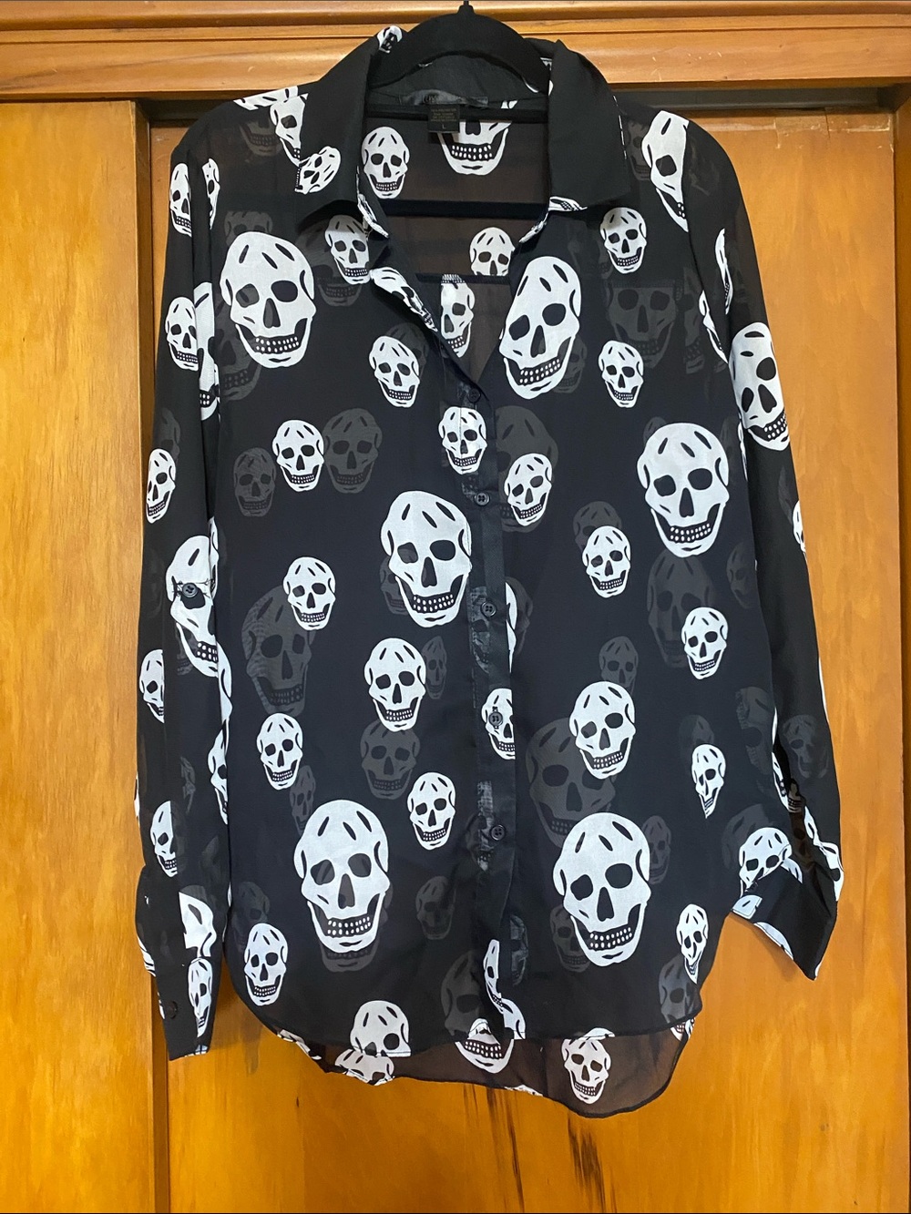 Sheer Black Skull-Print Button-Down Blouse Goth Halloween Party
